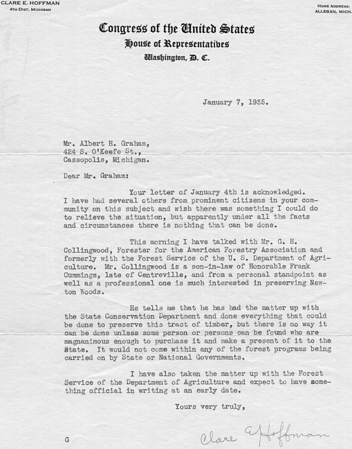 Letter to Albert Graham from Clare Hoffman, Congressman from Michigan's 4th District