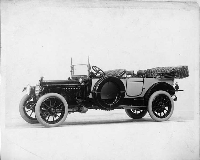 1914 Packard 48 touring car, three-quarter front view, left side, top folded