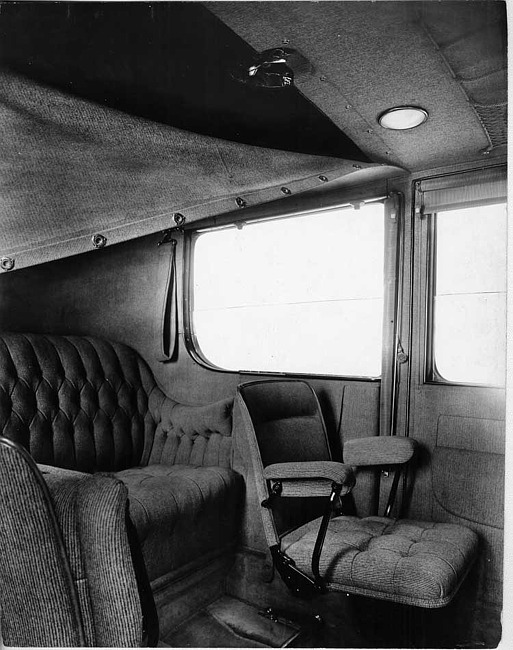 1916 Packard 1-35 landaulet, view of rear interior, quarter closed, latch on roof exposed