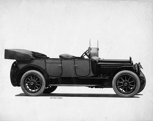 1917 Packard two-toned touring car, seven-eights right side front view, top lowered