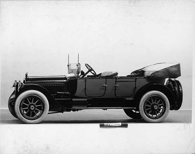 1917 Packard two-toned phaeton, seven-eights left side front view, top lowered