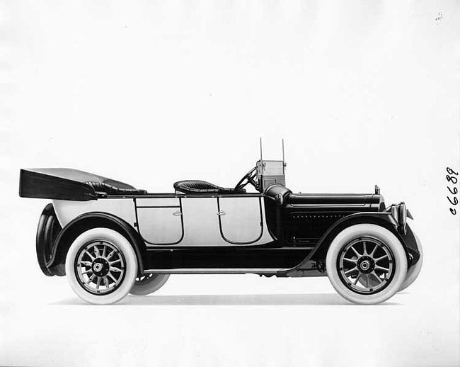 1917 Packard two-toned phaeton, seven-eights right side front view, top lowered