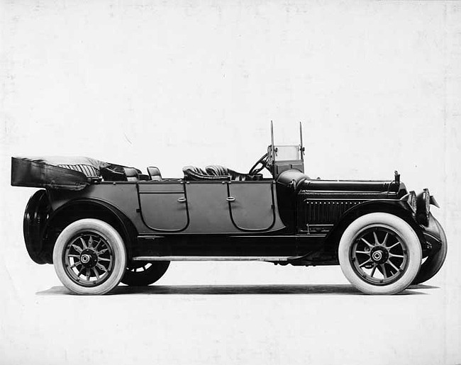 1917 Packard two-toned touring car, seven-eights right side front view, top lowered