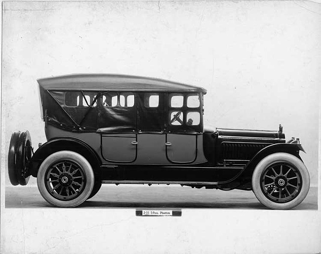 1917 Packard two-toned phaeton, top raised, side curtains in place, right side view