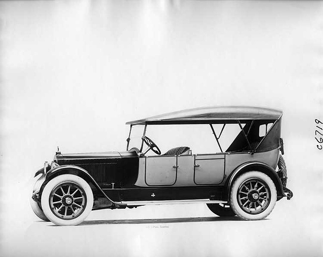 1918 Packard two-toned touring car, left side view, top raised