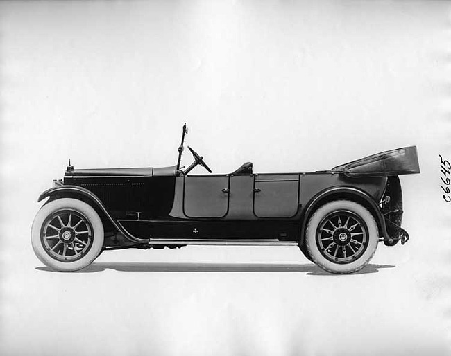 1918 Packard two-toned touring car, left side view, top folded