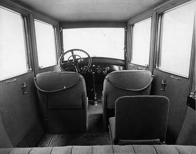 1918-1919 Packard brougham, view of interior showing right, forward-folding auxiliary seat