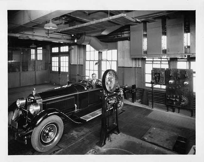 1927 Packard runabout photographed in engineering test room