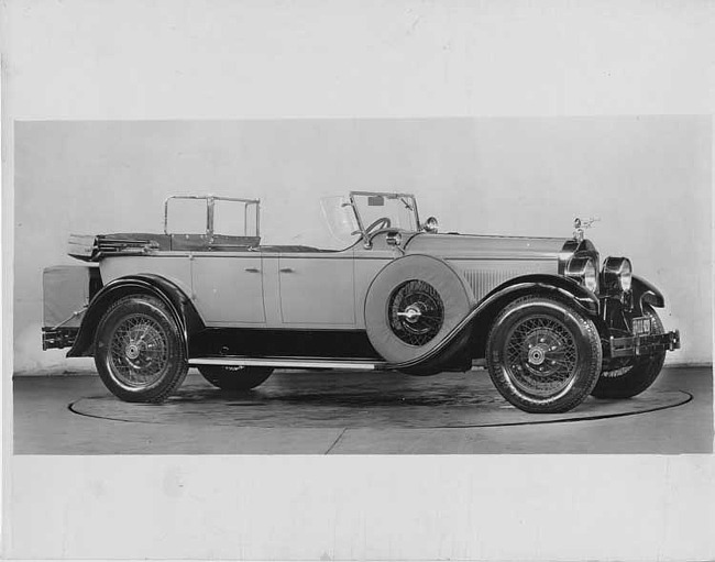 1927 Packard phaeton, five-sixths right front view, top lowered, light in color