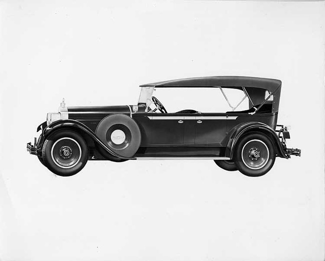 1928 Packard touring car, nine-tenths left front view, top raised