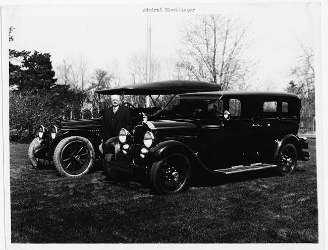 1929 sedan (right) and 1915 touring car (left) with owner Admiral Blockinger