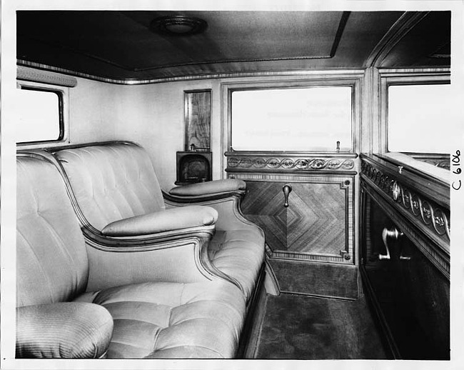 1930 Packard club sedan especially built for Alvan Macauley, view of rear interior