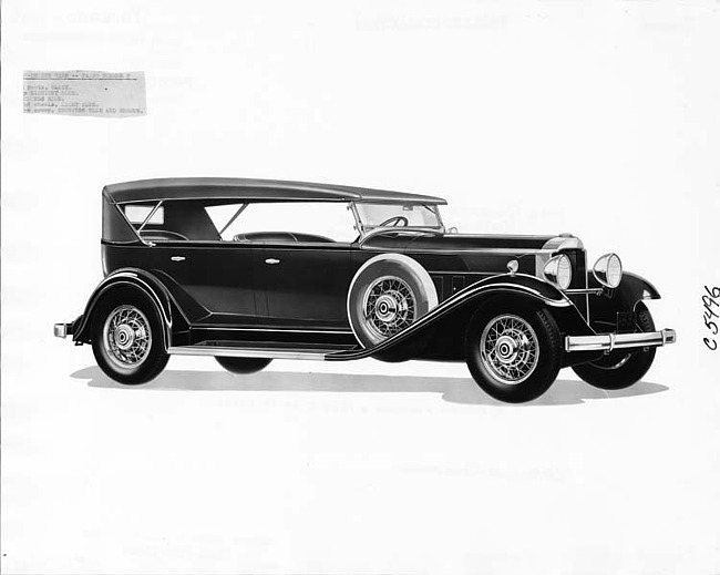 1932 Packard phaeton, three-quarter right side view, top raised