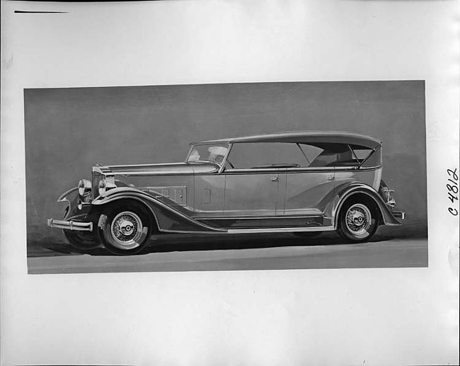 1933 Packard touring car, nine-tenths left side view, top raised