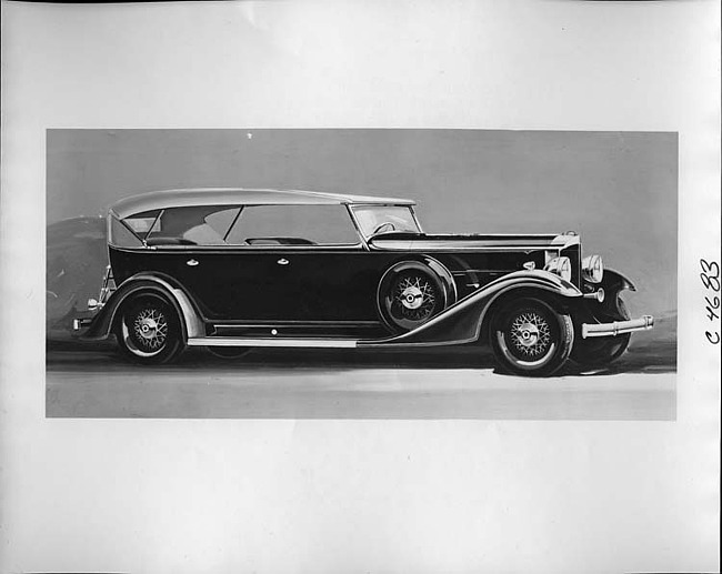 1933 Packard touring car, nine-tenths right side view, top raised