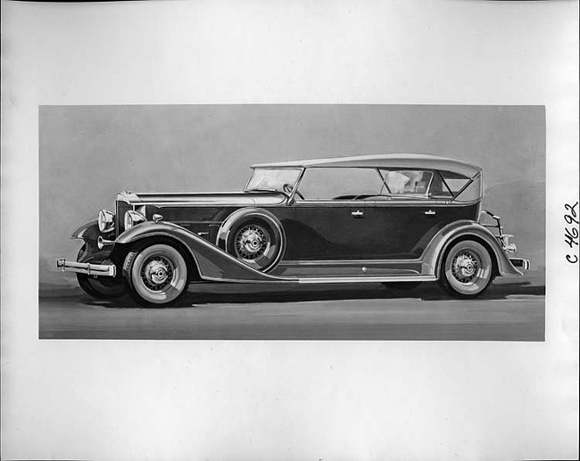 1933 Packard sport phaeton, nine-tenths left side view, top raised