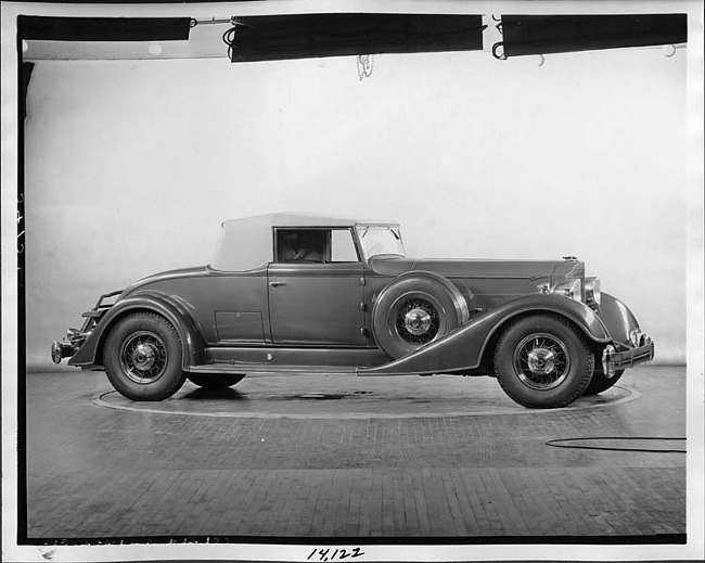 1934 Packard coupe roadster, nine-tenths right side view, top raised