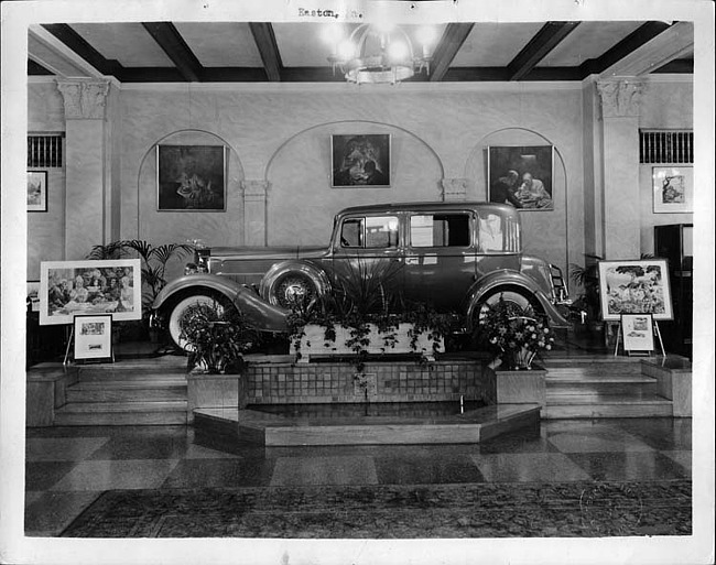 1934 Packard club sedan, left side view, on display