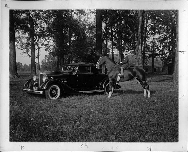 1934 Packard coupe and Roseanne Leckie on Virginny Ler at Columbus Riding Club, Ohio