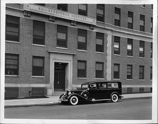 1934 Packard ambulance, parked in front of Knickerbocker Hospital