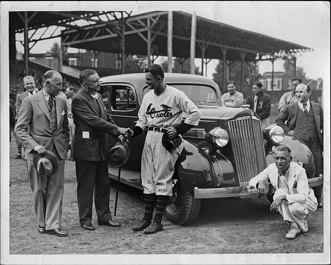 1935 Packard sedan being presented to Guy Sturdy, Baltimore Orioles' manager