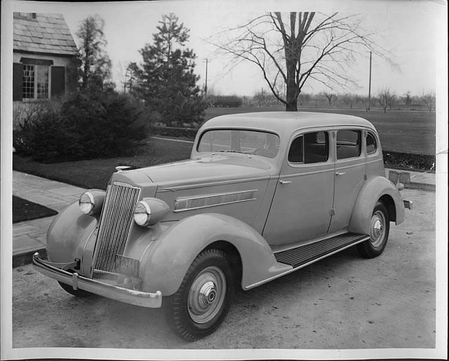 1935 Packard sedan parked by the Lodge at Packard Proving Grounds