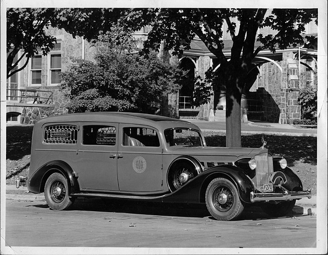 1935 Packard ambulance, three-quarter right side view, parked on street