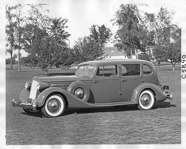 1936 Packard sedan, seven-eights left side view, parked on grass