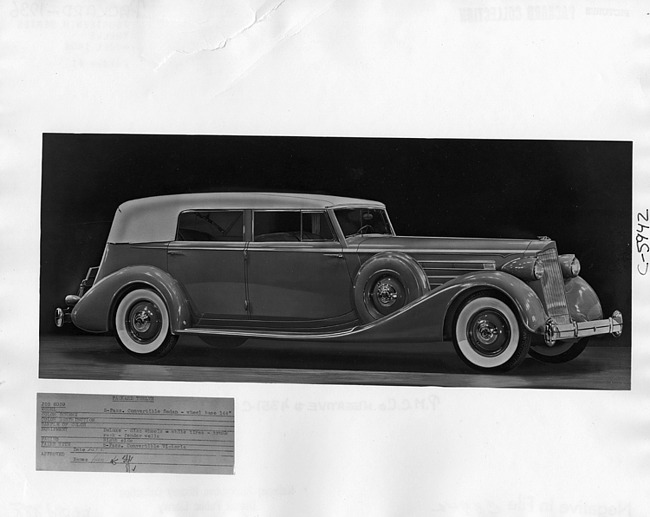 1936 Packard convertible sedan, seven-eights right side view, top raised