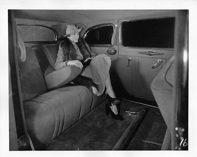 1937 Packard touring sedan, view of rear interior, from right passenger door