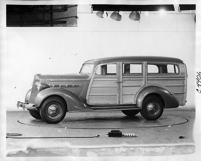 1937 Packard station wagon, nine-tenths left side view