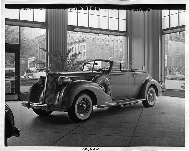 1938 Packard convertible victoria, three-quarter left front view, top folded, on display in showroom