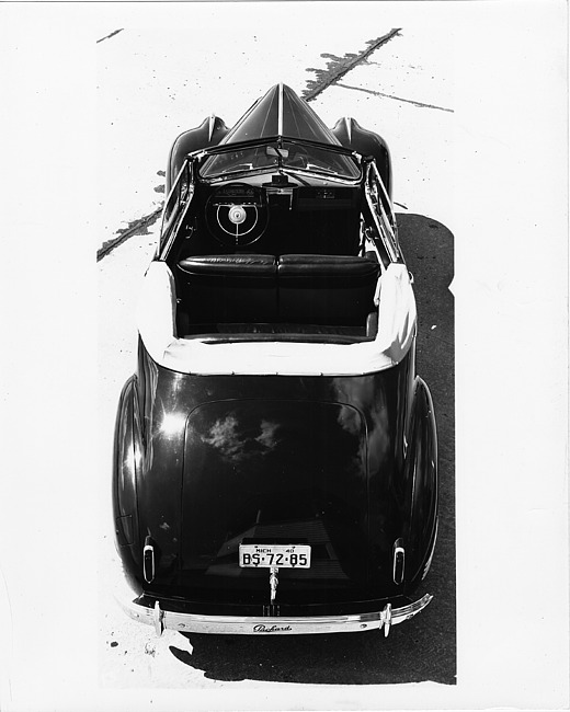 1941 Packard deluxe convertible coupe, elevated rear view, interior visible