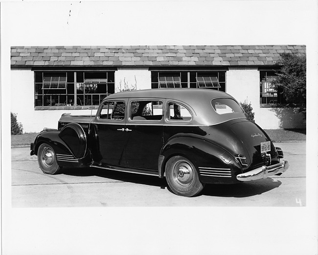 1941 Packard sedan, three-quarter rear view, at Packard Proving Grounds