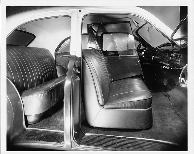 1948 Packard taxicab sedan, view of interior from right, both doors open