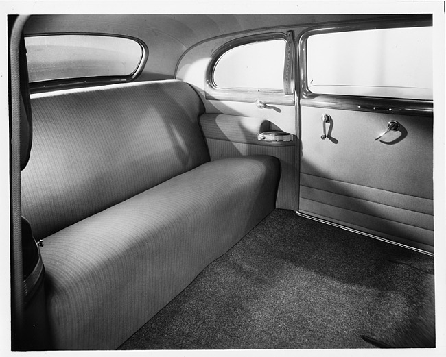 1952 Packard sedan, view of rear interior through right rear passenger door