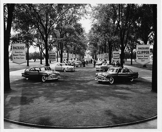 1954 Packard models displayed at entrance to Packard Proving Grounds