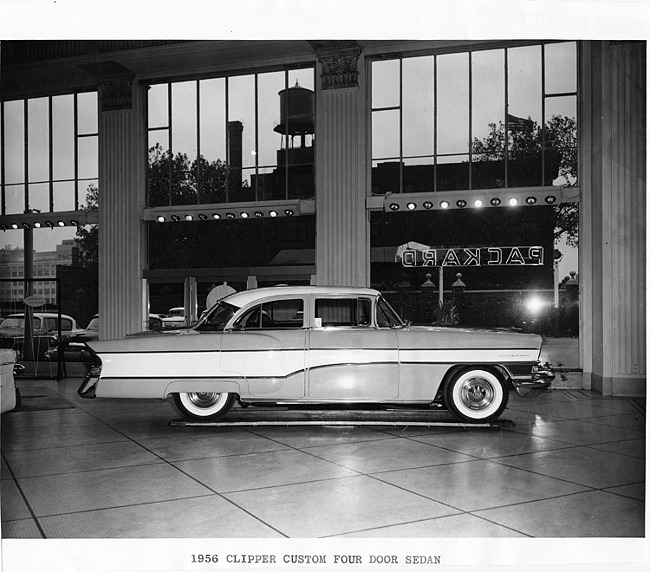 1956 Packard custom Clipper, right side view, on display in showroom