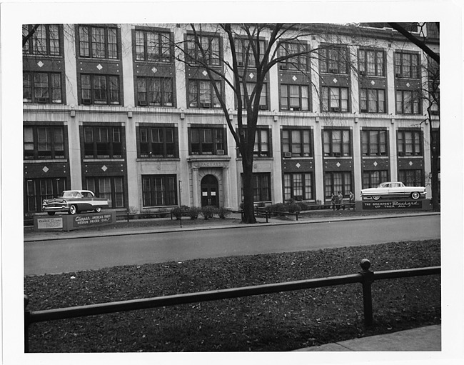 1956 Packards displayed in front of Packard executive office building