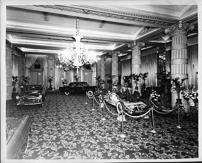 1950 salon showing in Philadelphia of  two 1950 Packards and a bare chassis