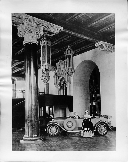 1927 Packard phaeton, in showroom with actress Miss Lita Chevret