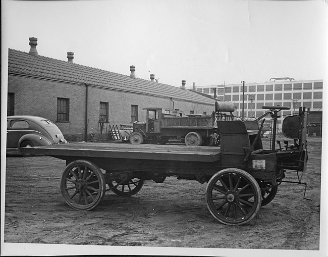 1904 Packard '3' experimental truck, right side view, parked in yard near Packard factory