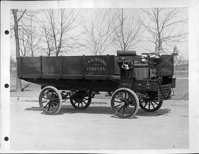 1905 Packard truck, right side view, parked on road