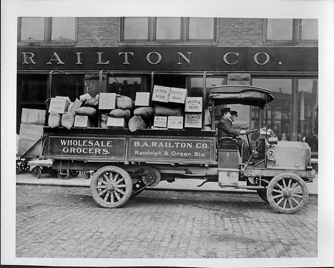 1908-10 Packard truck of B.A. Railton Co., loaded with goods