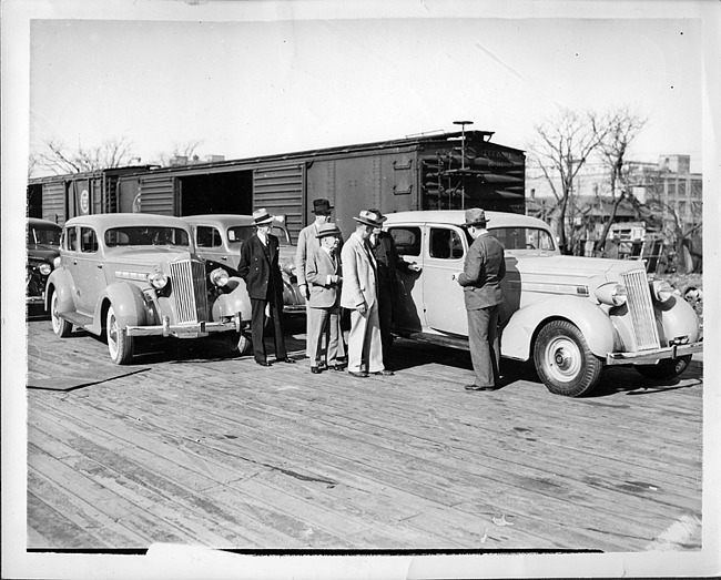 1935 Packard one-twenties arriving in Dallas, Texas