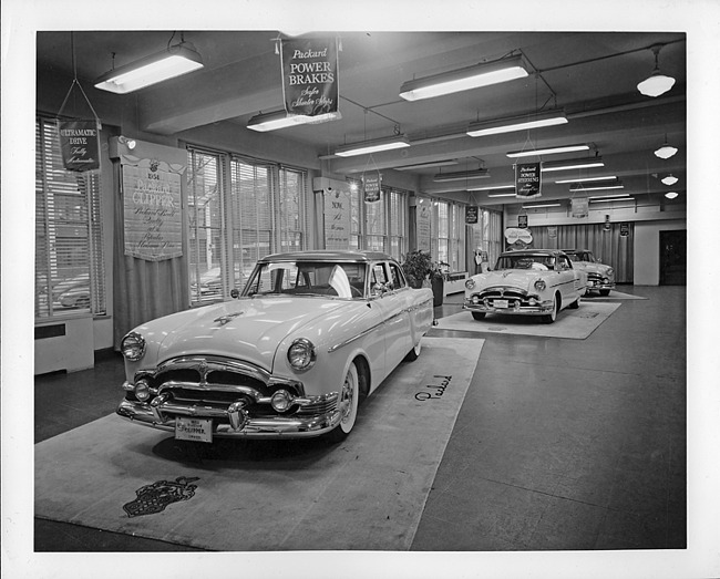 1954 Packards on display in factory showroom