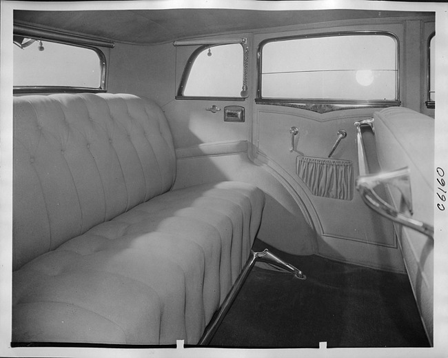 1932 Packard prototype sedan, view of rear interior through right rear passenger door
