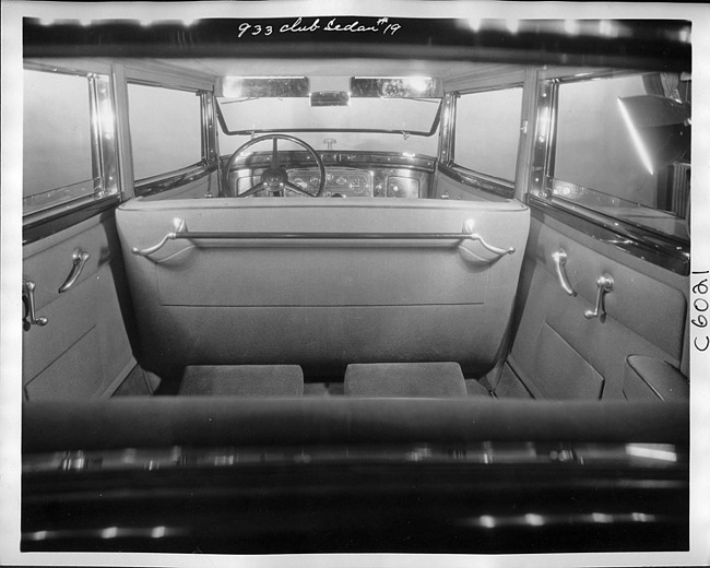 1932 Packard prototype club sedan, view of interior through rear window