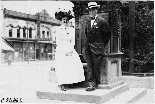 Frank B. Hower and daughter-in-law at 1909 Glidden Tour, Detroit, Mich.