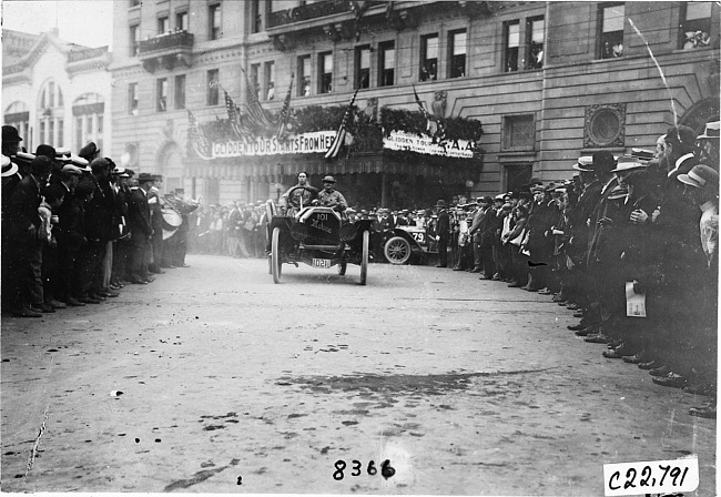 Moline car passing Pontchartrain Hotel at start of the 1909 Glidden Tour, Detroit, Mich.